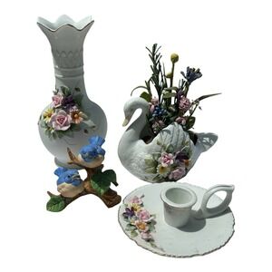 Vintage Lefton Hand Painted Floral Bud Vase Candle Holder Birds Swan Lot Japan 5